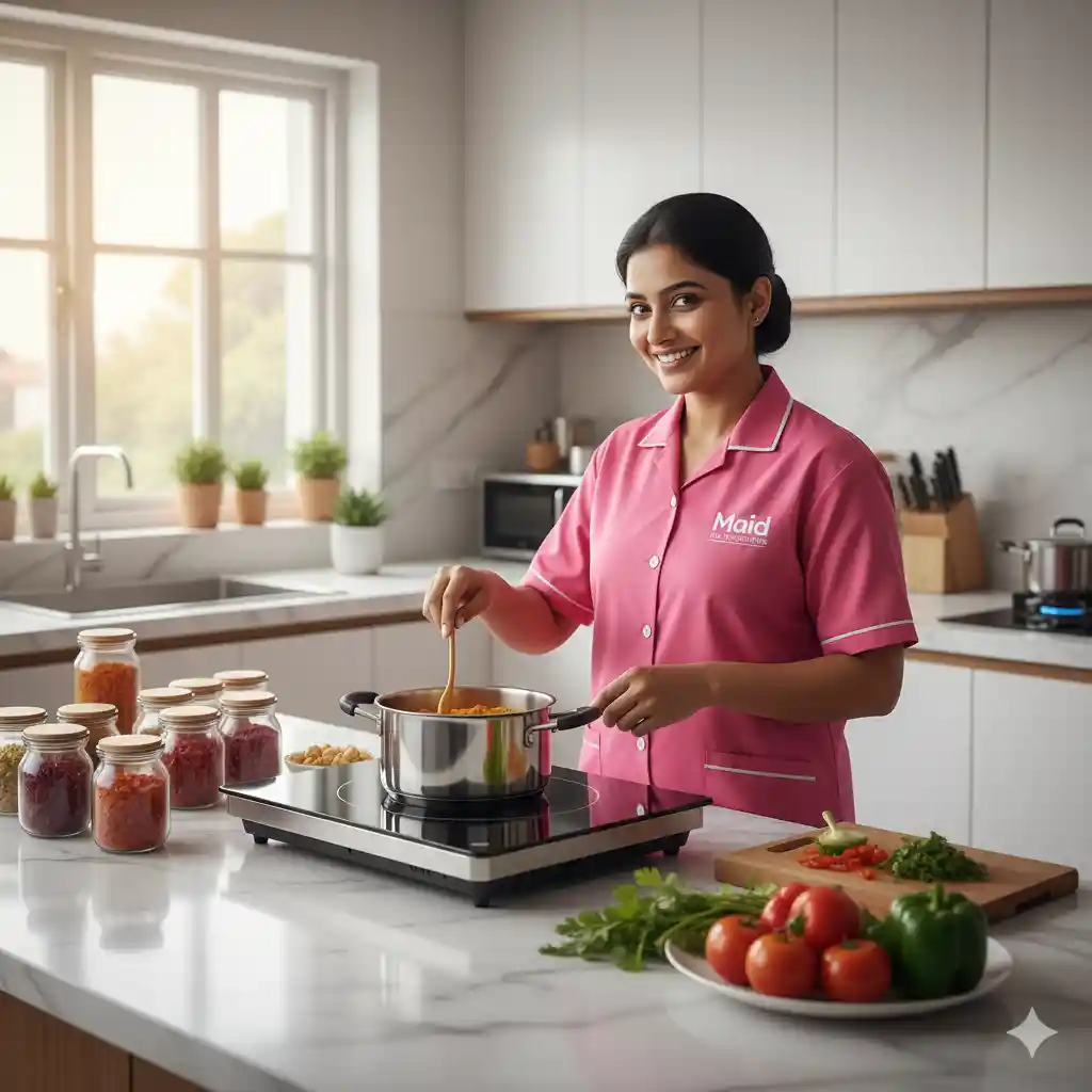 Indian female cook preparing fresh home-cooked meals in a modern Mumbai kitchen