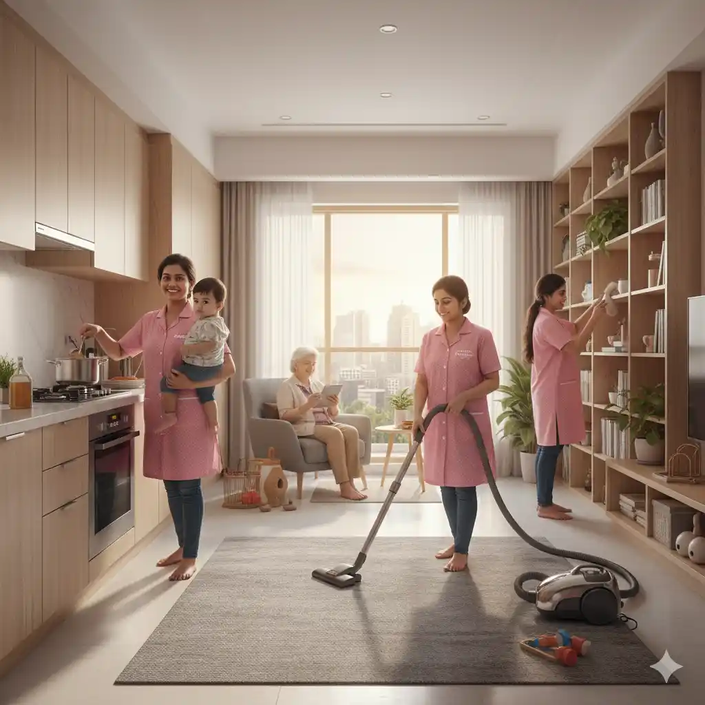 Indian female maid performing multiple household tasks efficiently and professionally in Bangalore