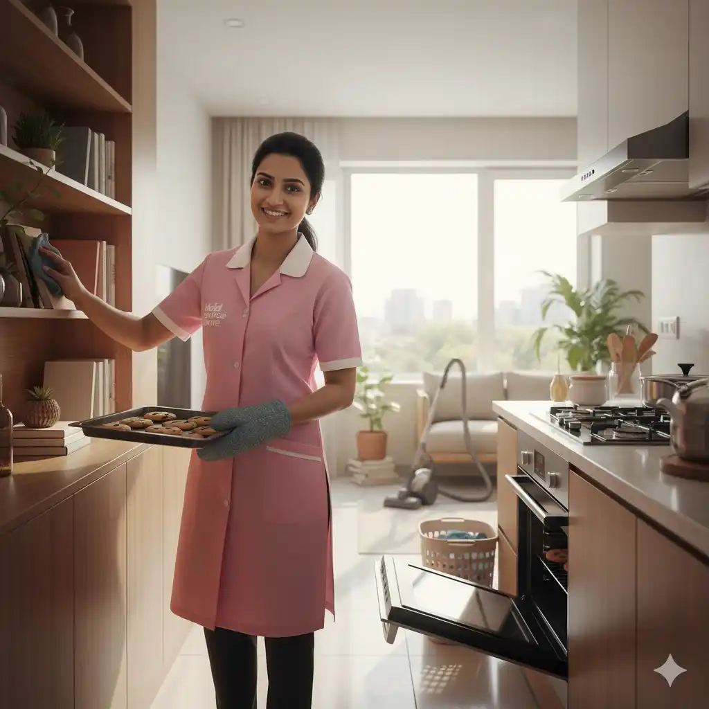 Indian female housemaid performing household chores professionally and efficiently in Bangalore